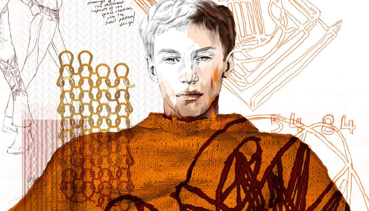 A digital illustration of a person wearing an orange jumper, collaborating with a fashion brand, with abstract patterns and sketches in the background.