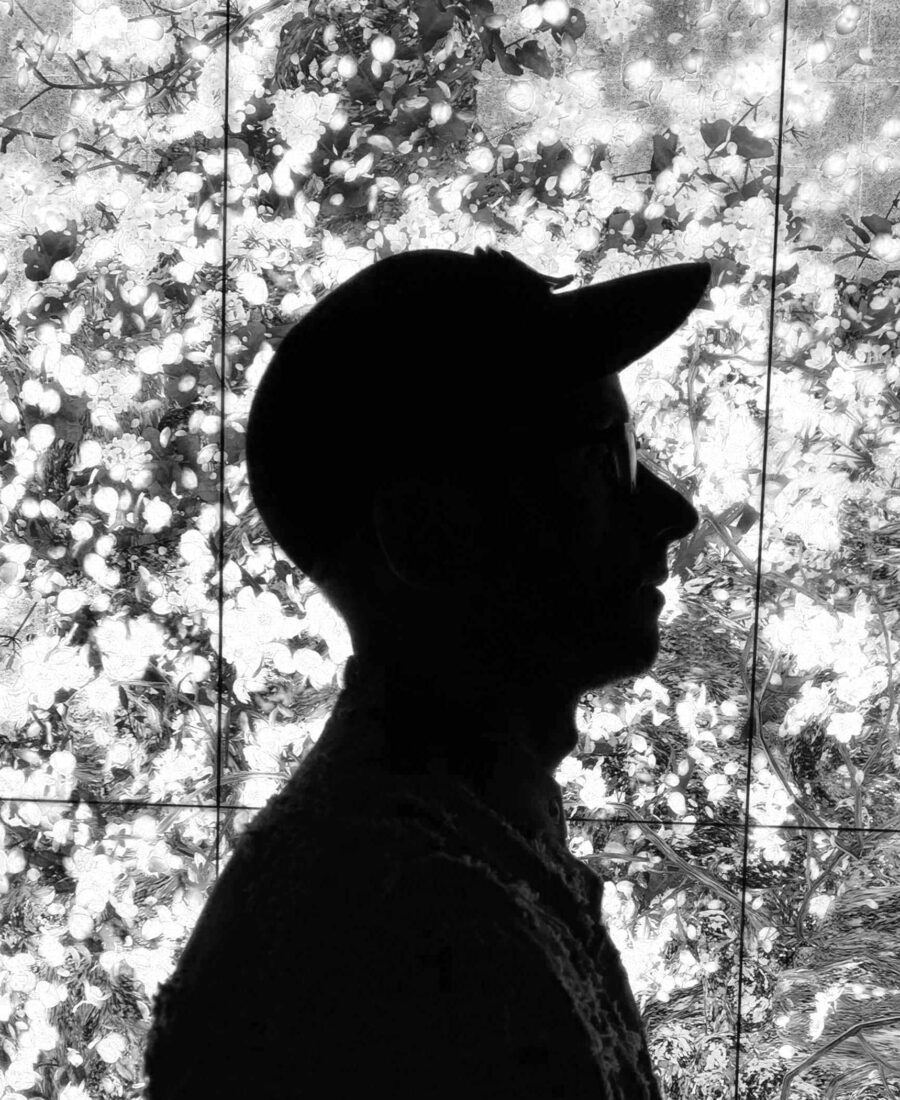 Silhouette of a person in a cap against a brightly lit floral background.