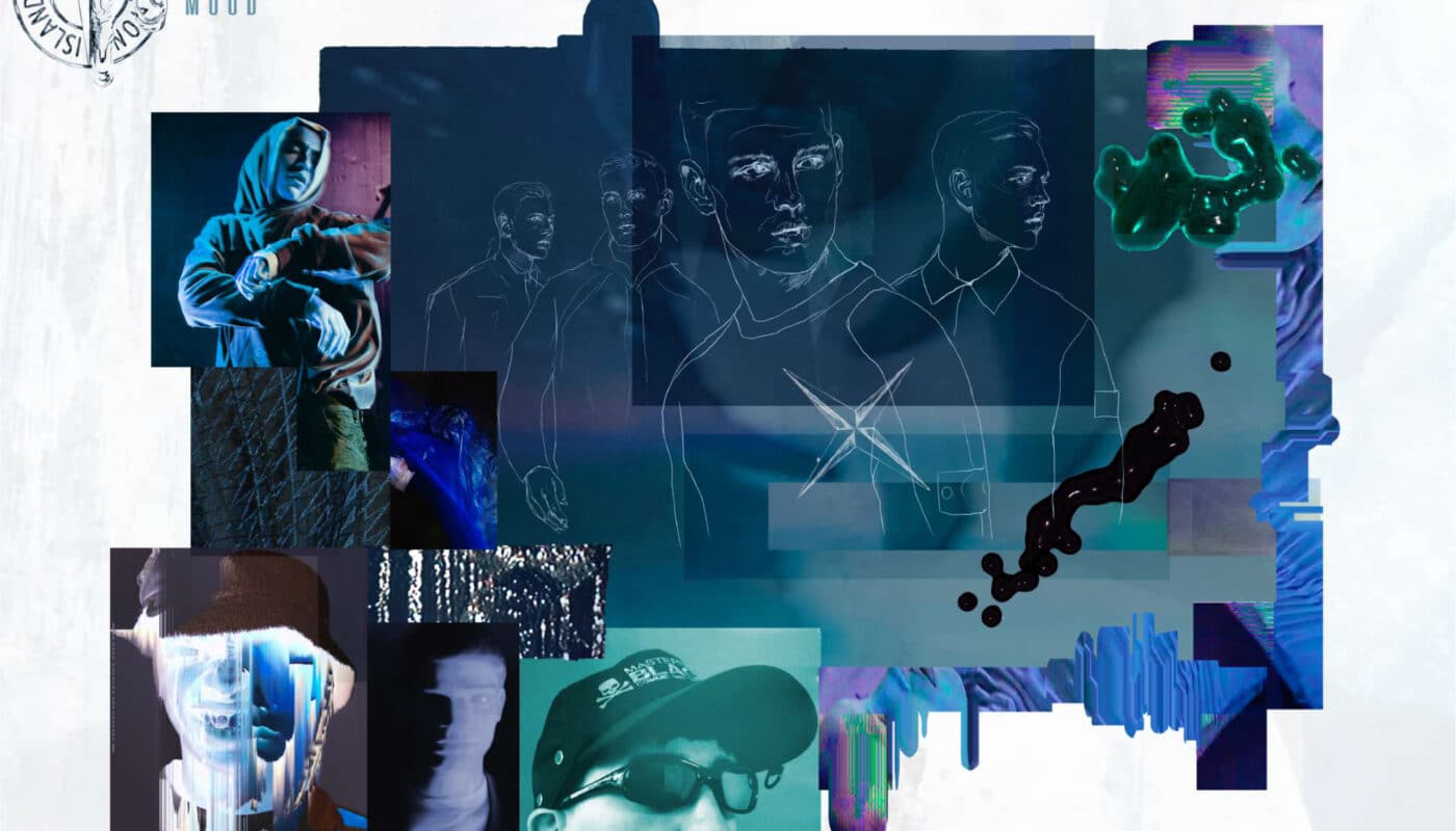 A digital collage featuring abstract art, portraits, and various textured overlays, collaborating with a fashion brand. The Stone Island logo is in the top-left corner, and the word "MOOD" is next to it.