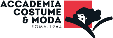 Logo of Accademia Costume & Moda, Roma, established in 1964. The design includes the institution's name and a stylised image of a face and book in black and red.