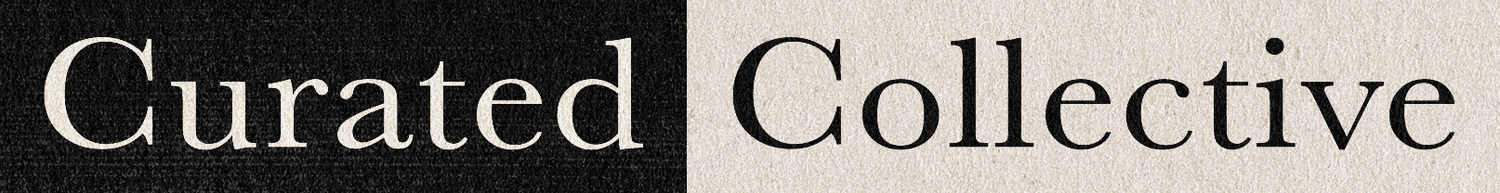 Text reading "Curated Collective" in a serif font on a background divided into black on the left and beige on the right.