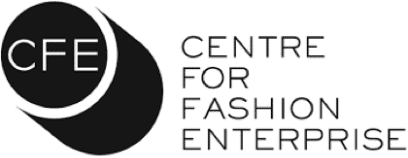 The logo of Centre for Fashion Enterprise features two overlapping black circles, one with "CFE" in white letters, next to the institution's full name in black text.