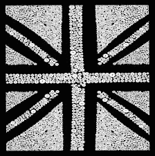 A black and white depiction of a Union Jack flag, created using various sized circles.