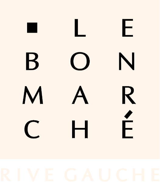 Certainly! Here is the description with British English spellings:

A minimalistic logo with the words "Le Bon Marché Rive Gauche" arranged vertically in a grid pattern against a beige background.