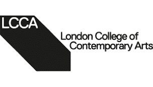 Logo of the London College of Contemporary Arts (LCCA), displaying the institution’s name in black text and a black geometric shape on a white background.