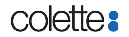 The image shows the word "colette" in lowercase black letters, followed by two blue filled circles vertically aligned.