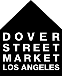 Black logo of Dover Street Market Los Angeles with white text inside a house-shaped outline.