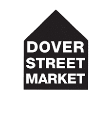 Logo of Dover Street Market, featuring white block letters on a black house-shaped background.