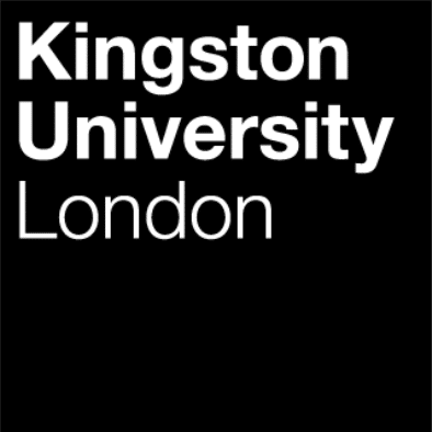 Certainly! Here is the description with British English spellings:

"Kingston University London logo in white text on a black background.