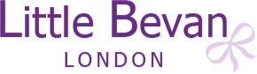 Certainly! Here is the description using British English spellings:

"Logo of Little Bevan London with purple text and a small bow illustration on the right.