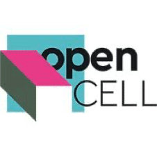 Open Cell logo, featuring the text "open CELL" with a stylised, colourful geometric shape resembling an open cube.