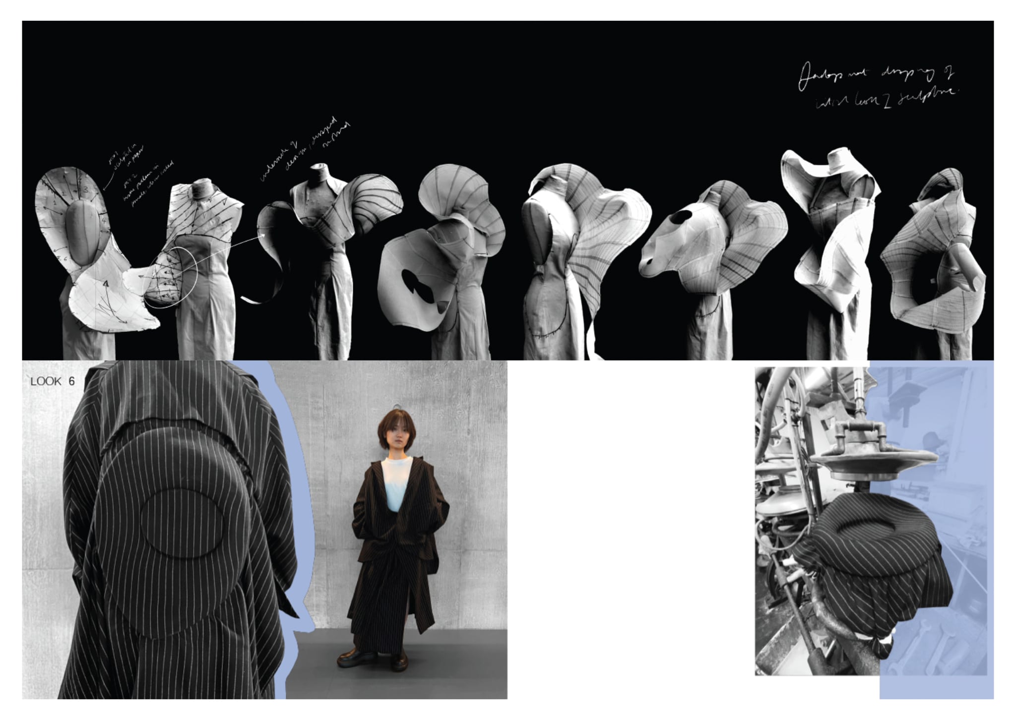 A series of images featuring abstract, oversized headpieces in various shapes worn by individuals in dark clothing, along with a close-up of a similar outfit and a historical image of a machine.