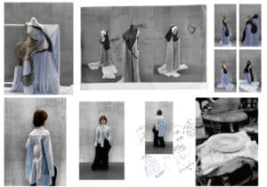 A collage showing various fashion design elements, including mannequin displays, sketches, fabric arrangements, and two models wearing outfits in front of a grey wall.