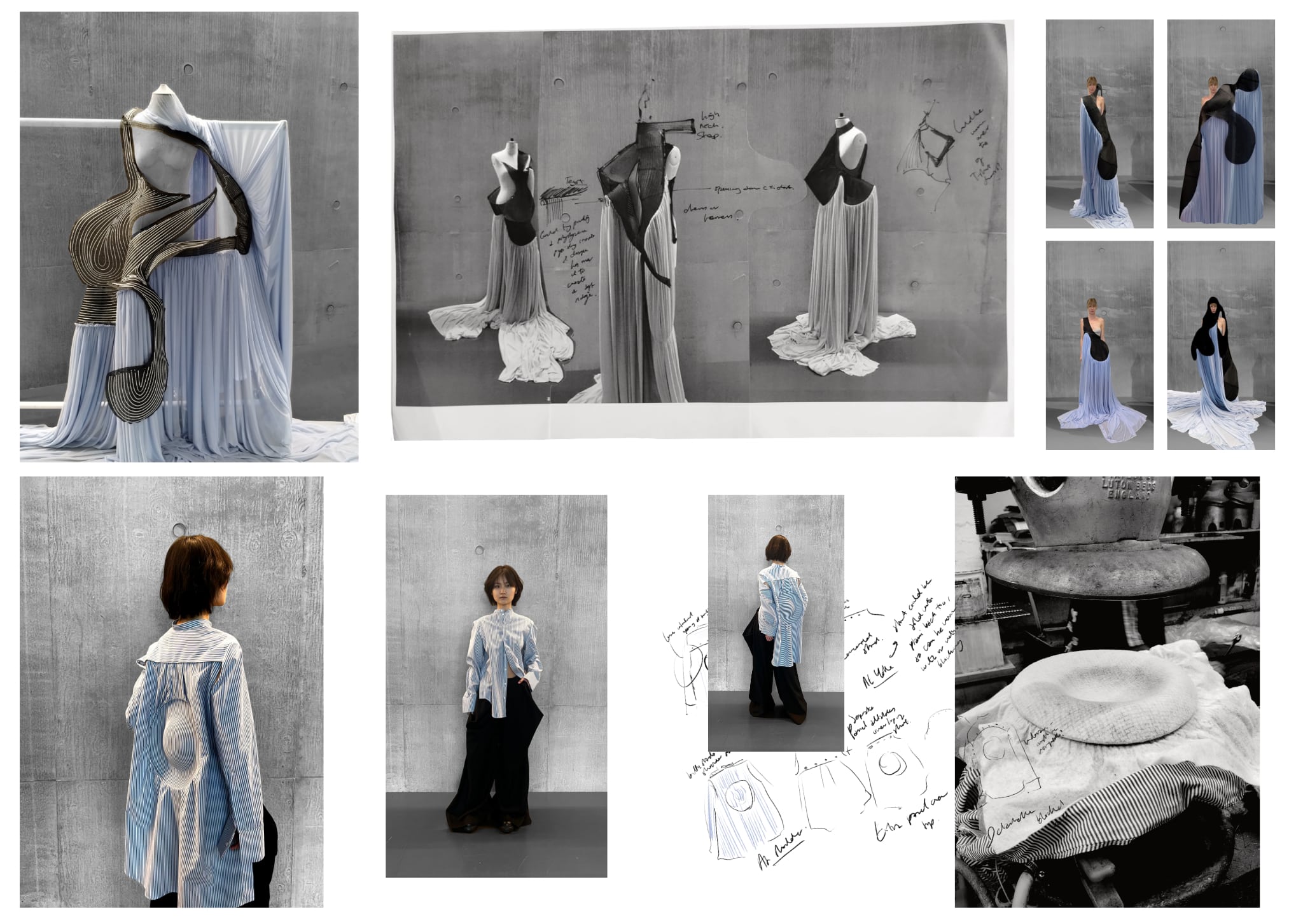 A collage showing various fashion design elements, including mannequin displays, sketches, fabric arrangements, and two models wearing outfits in front of a grey wall.