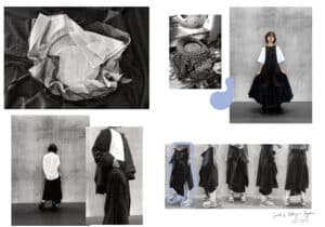 A collage featuring various black-and-white images: a pile of fabric, a woman in different outfits, close-ups of her shoe and skirt, and her back facing the camera. There are handwritten notes at the bottom.