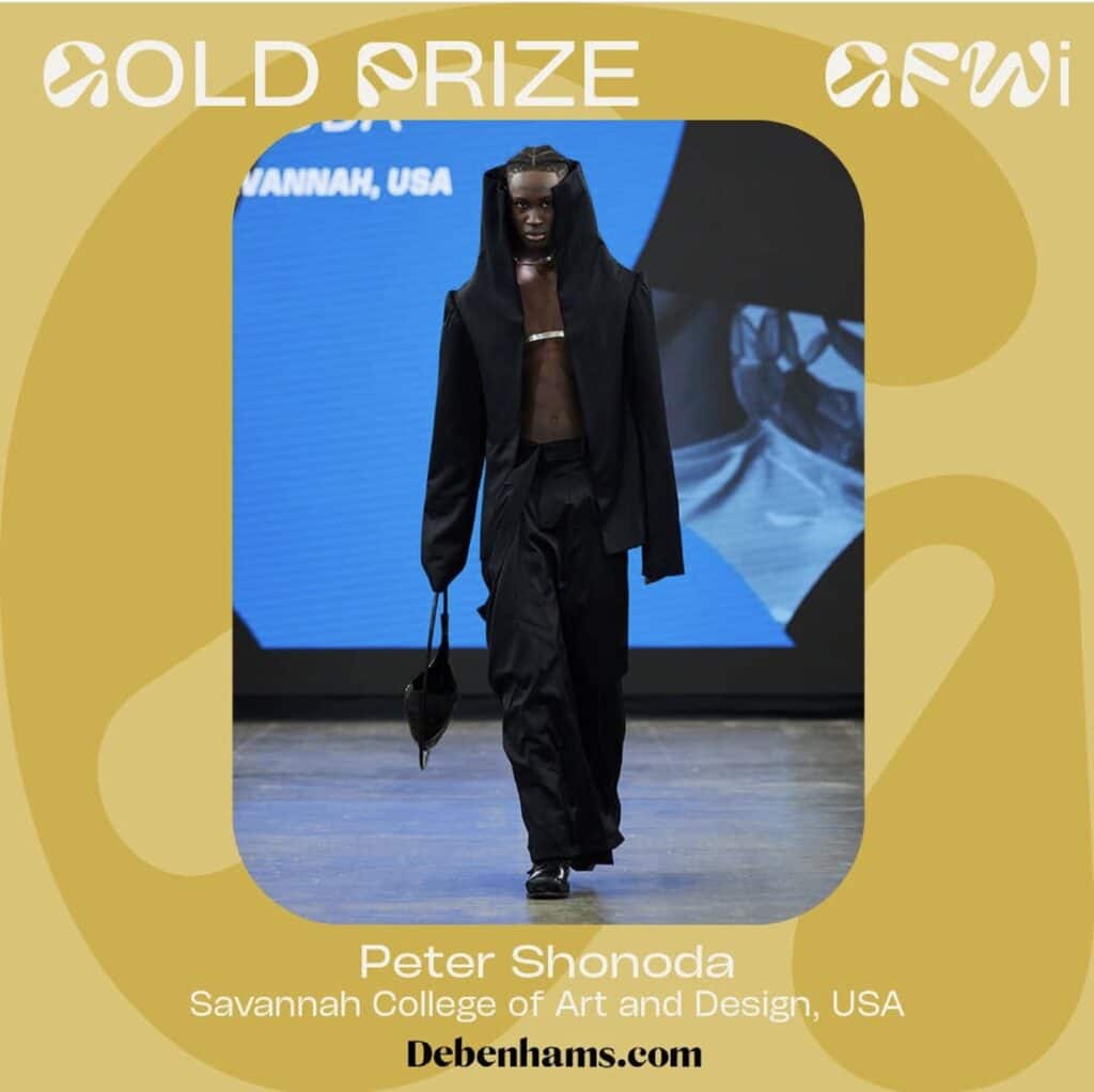 A model in black attire walks the runway under a hooded garment. Text on the image reads "Gold Prize, Graduate Fashion Week 2024," "Peter Shonoda," "Savannah College of Art and Design, USA," and "Debenhams.com".