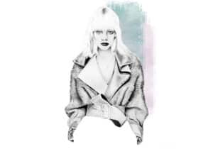 Black and white illustration of a woman with a fringe, wearing a textured coat with a wide belt, against a pastel watercolour background.