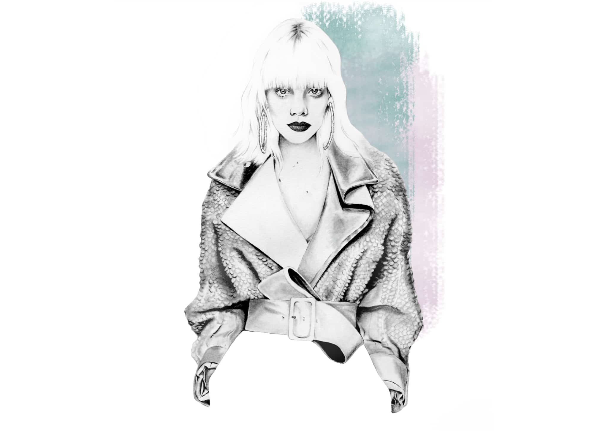 Black and white illustration of a woman with a fringe, wearing a textured coat with a wide belt, against a pastel watercolour background.