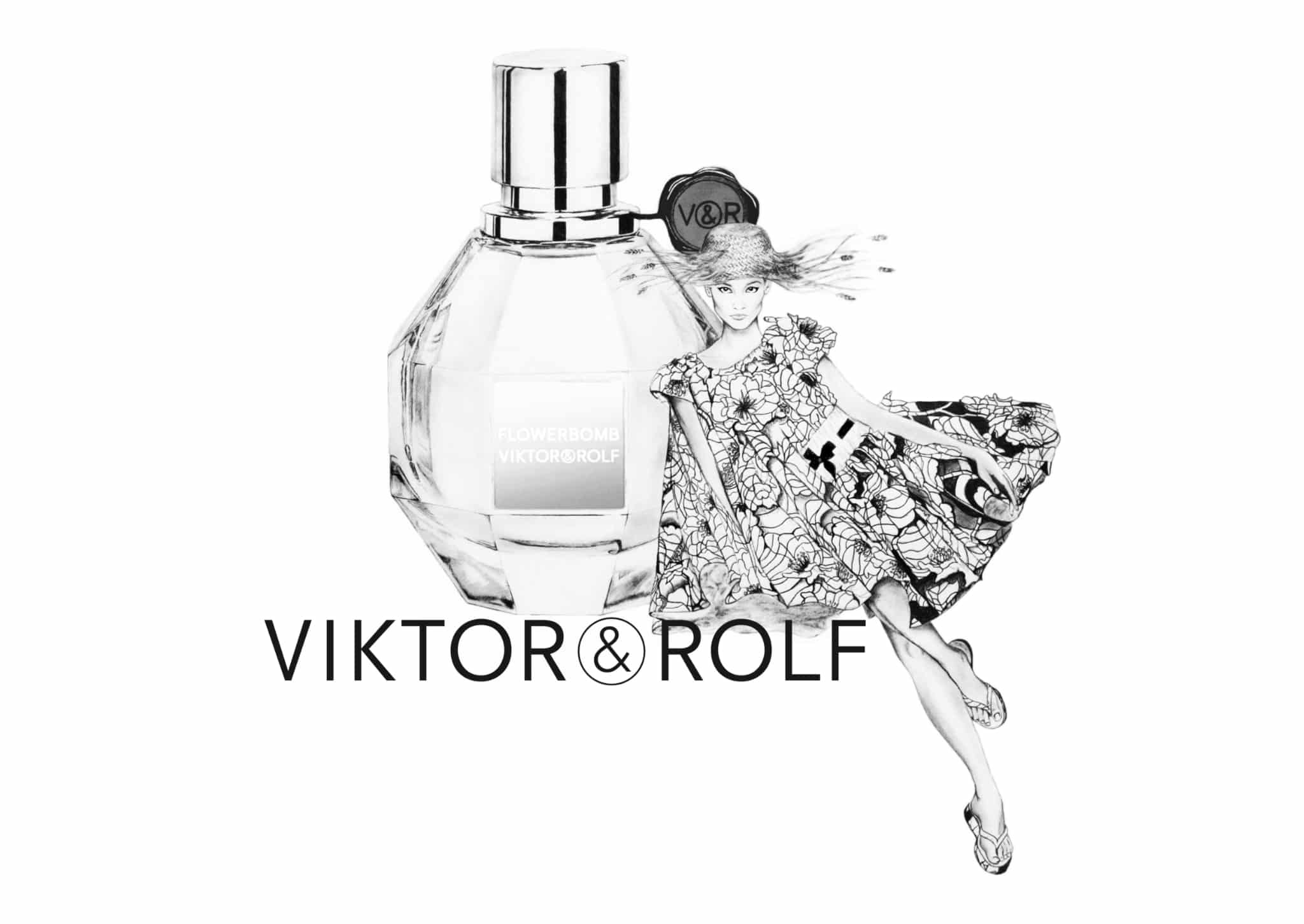 Black and white image featuring a bottle of Viktor & Rolf Flowerbomb perfume with a stylised drawing of a woman in a floral dress next to it. The brand name "VIKTOR&ROLF" is displayed below.