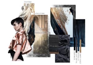 A fashion model in a metallic top stands beside a collage of architectural, textile, and natural textures, featuring marble, gold, dark fabrics, and a statue. Labels for texture, structure, and colour highlight the composition. Learn to create this look with our Online Fashion Courses.