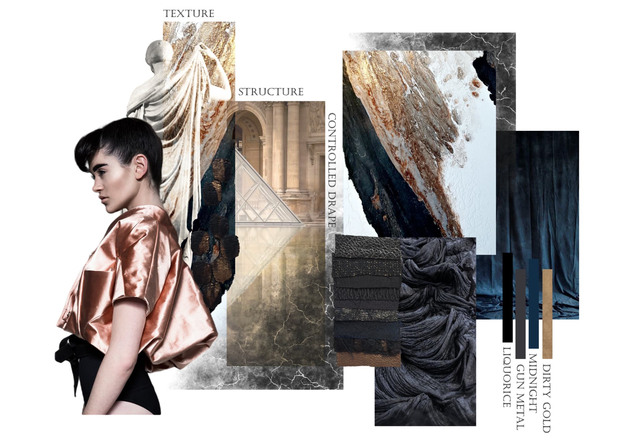 A fashion model in a metallic top stands beside a collage of architectural, textile, and natural textures, featuring marble, gold, dark fabrics, and a statue. Labels for texture, structure, and colour highlight the composition. Learn to create this look with our Online Fashion Courses.