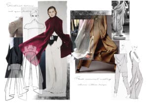 Collage featuring fashion sketches and photos showcasing structured bodices, flowing fabrics, and voluminous shapes. Includes a mix of drawn outlines and detailed, textured photographs of garments. Perfect for students in online fashion courses looking for inspiration.