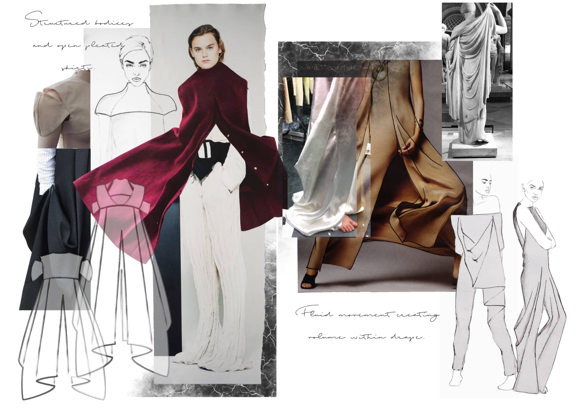 Collage featuring fashion sketches and photos showcasing structured bodices, flowing fabrics, and voluminous shapes. Includes a mix of drawn outlines and detailed, textured photographs of garments. Perfect for students in online fashion courses looking for inspiration.