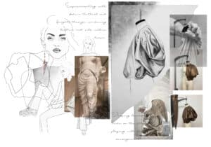 A collage of fashion sketches and photographs, featuring fabric textures, garment designs, and statues. The background includes handwritten notes on fabric experimentation and designing techniques, inspired by insights from online fashion courses.