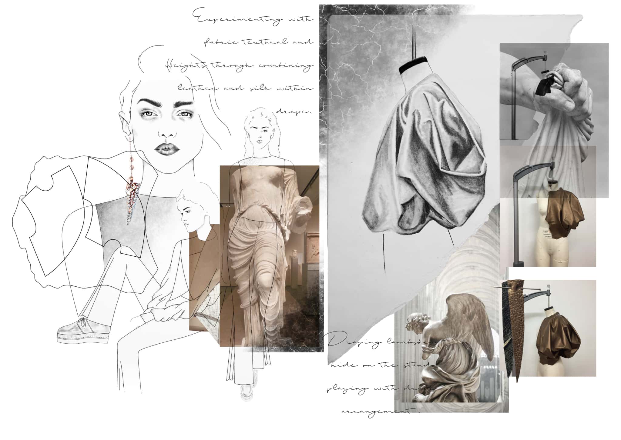 A collage of fashion sketches and photographs, featuring fabric textures, garment designs, and statues. The background includes handwritten notes on fabric experimentation and designing techniques, inspired by insights from online fashion courses.