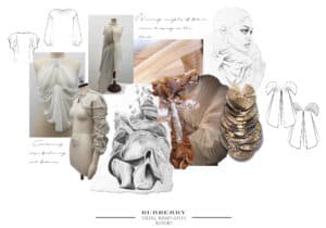 A collage featuring various fashion sketches, fabric swatches, a mannequin with draped fabric, a seashell, and metallic accessories labelled "BURBERRY Tidal Remnants Resort.