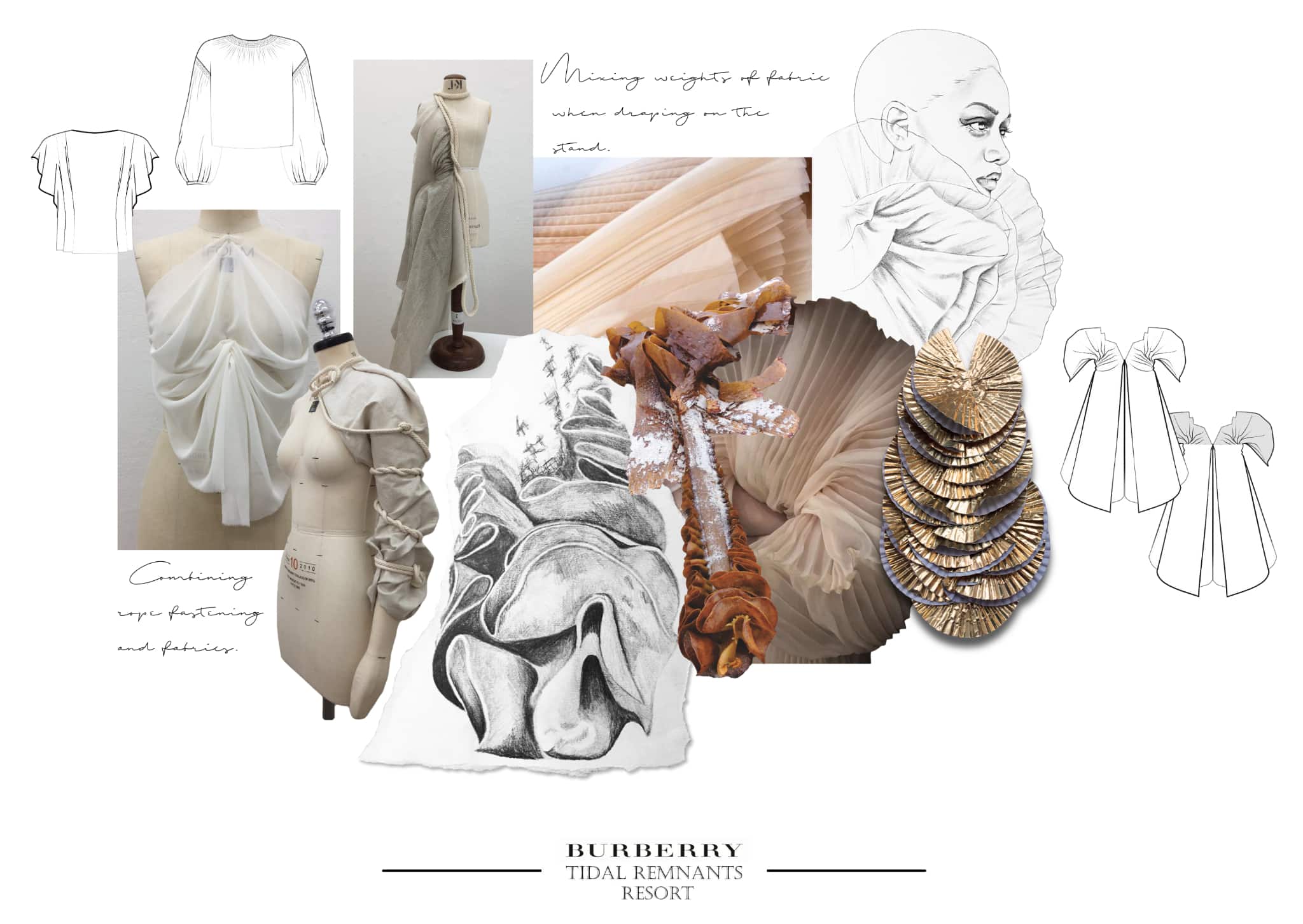 A collage featuring various fashion sketches, fabric swatches, a mannequin with draped fabric, a seashell, and metallic accessories labelled "BURBERRY Tidal Remnants Resort.