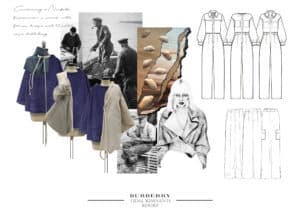 A fashion mood board titled "Burberry Tidal Remnants Resort" with sketches of clothing, fabric samples, vintage photos of fishermen, and mannequins displaying capes.