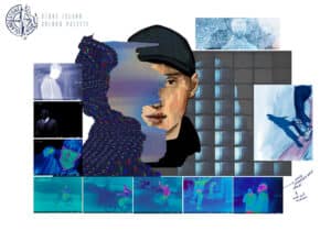 A digital collage featuring a partially glitched portrait of a person in a cap, various abstract textures, thermal images, and an action shot of a person jumping with a skateboard. Text reads "Stone Island Colour Palette.