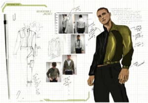 Design sketches and notes for a reversible jacket. Includes sketches, fabric details, and images of a person modelling the jacket. Various annotations detail the design and construction process.