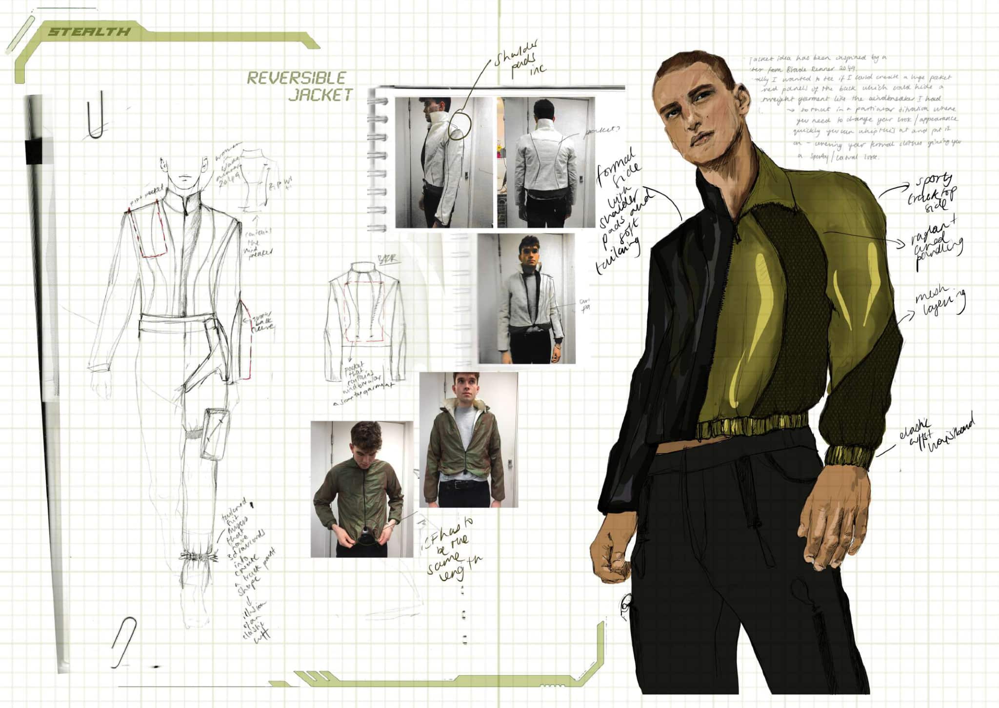 Design sketches and notes for a reversible jacket. Includes sketches, fabric details, and images of a person modelling the jacket. Various annotations detail the design and construction process.