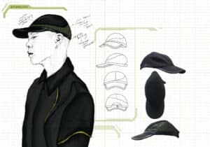 Illustration of a person wearing a black cap, with detailed drawings of the cap design and different views of the cap on a grid background.