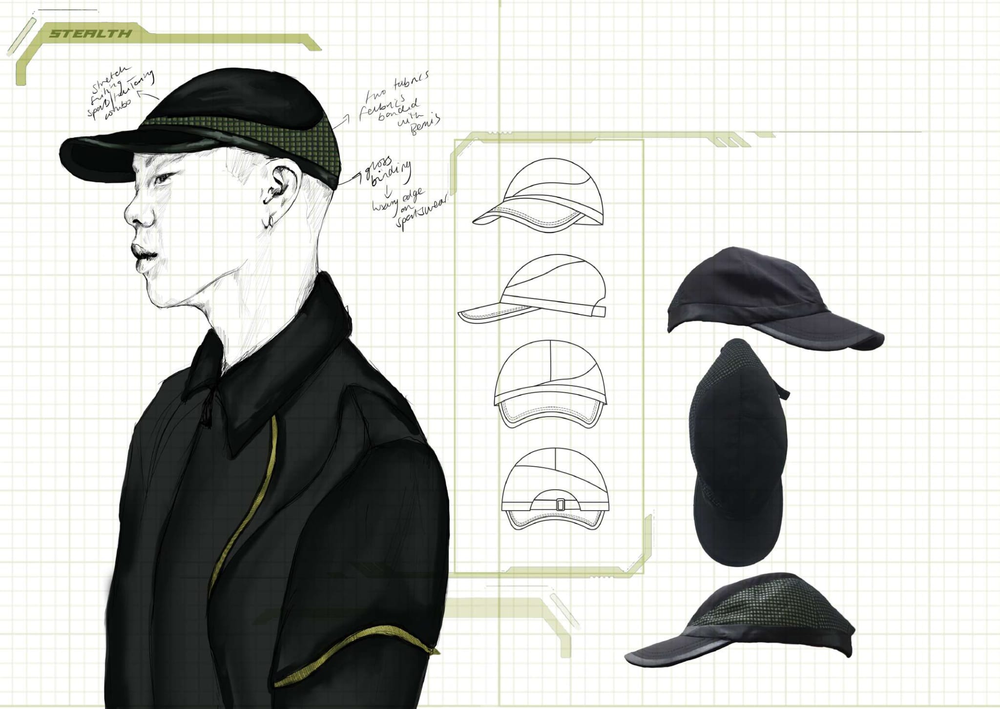 Illustration of a person wearing a black cap, with detailed drawings of the cap design and different views of the cap on a grid background.