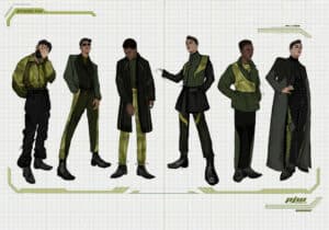 Six people stand in stylish futuristic green and black clothing with geometric designs. They pose on a graph paper-like background with green tech-themed borders.