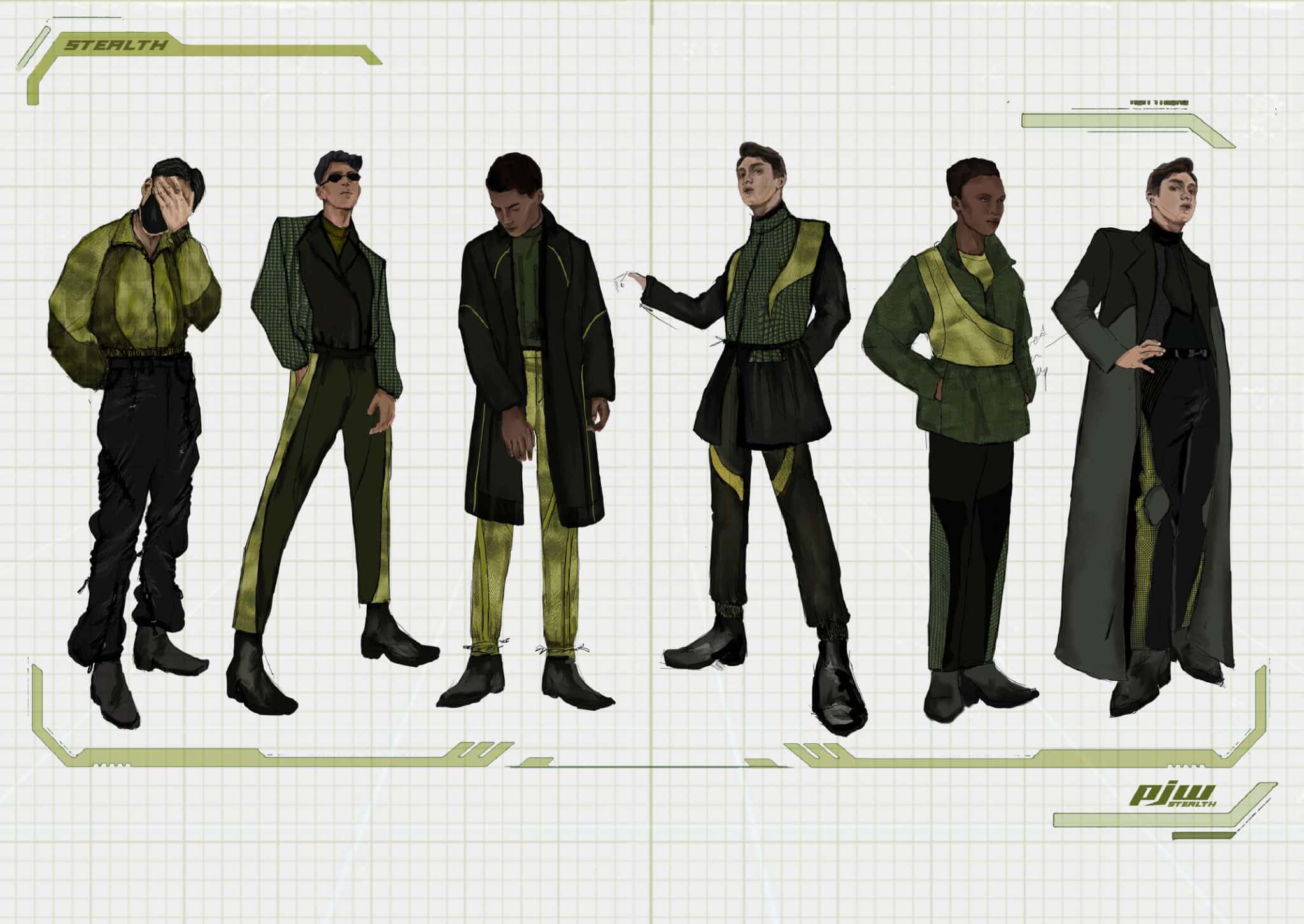 Six people stand in stylish futuristic green and black clothing with geometric designs. They pose on a graph paper-like background with green tech-themed borders.