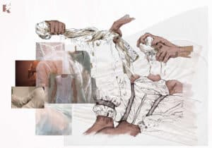 Illustration of hands wringing out a cloth, with smaller overlapping transparent images of a person and cloth, creating a layered effect.