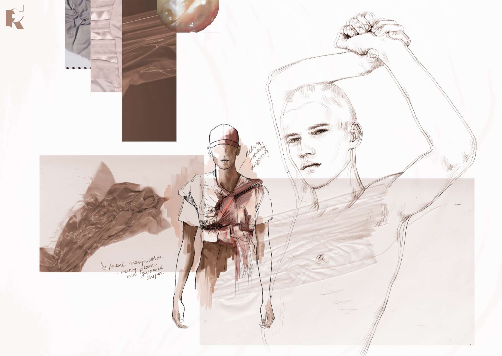 A digital art piece featuring sketches of two figures, one with hands behind their head and the other wearing a cap. The background includes abstract shapes and brown hues.