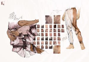 Illustration of hands holding fabric, fabric colour swatches in a grid, and a person wearing trousers made of the same fabric.