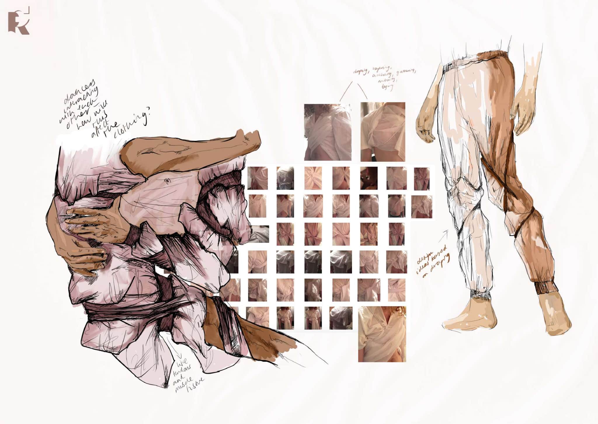 Illustration of hands holding fabric, fabric colour swatches in a grid, and a person wearing trousers made of the same fabric.