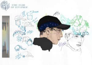 Illustration of cap design development featuring sketches, notes, and two side-profile drawings of a person wearing a cap with colour highlights and structural annotations. Text: "Stone Island Cap Development.