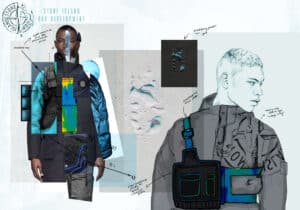 Certainly! Here's a description with British English spellings:

Mixed media artwork featuring two men in futuristic clothing, with sketches and notes surrounding them. The background includes textures and detailed fabric illustrations, along with the text "STONE ISLAND BAD DEVELOPMENT.