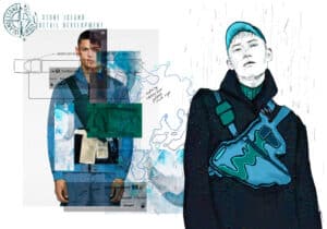 Composite image featuring a man in outdoor gear with a messenger bag, surrounded by sketches and design elements for garments and accessories.