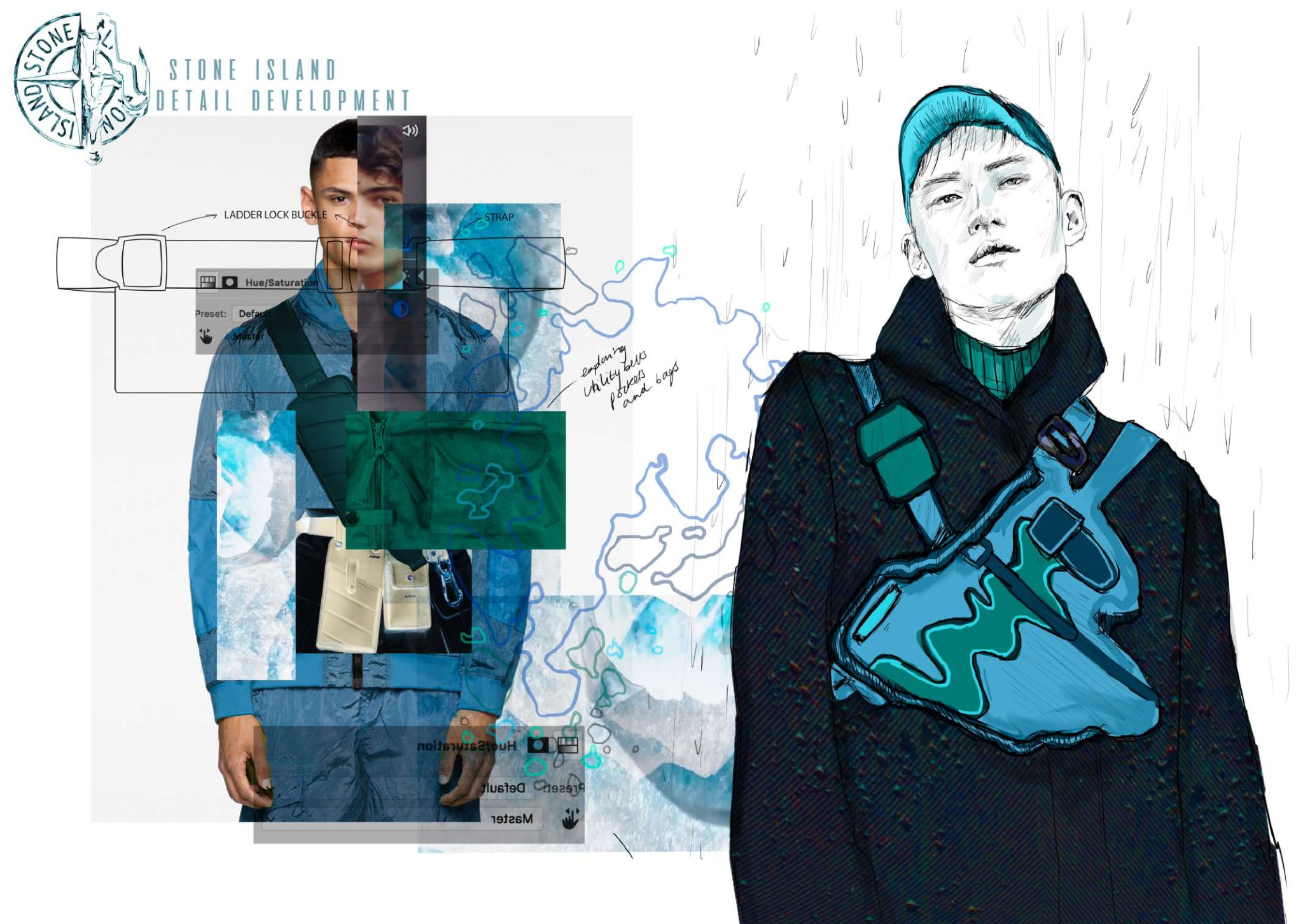 Composite image featuring a man in outdoor gear with a messenger bag, surrounded by sketches and design elements for garments and accessories.