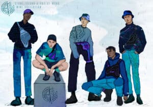 Illustration of five male models showcasing the Stone Island x Phoebe Ward mini collection, dressed in casual streetwear including jumpers, shorts, and accessories like hats and crossbody bags.