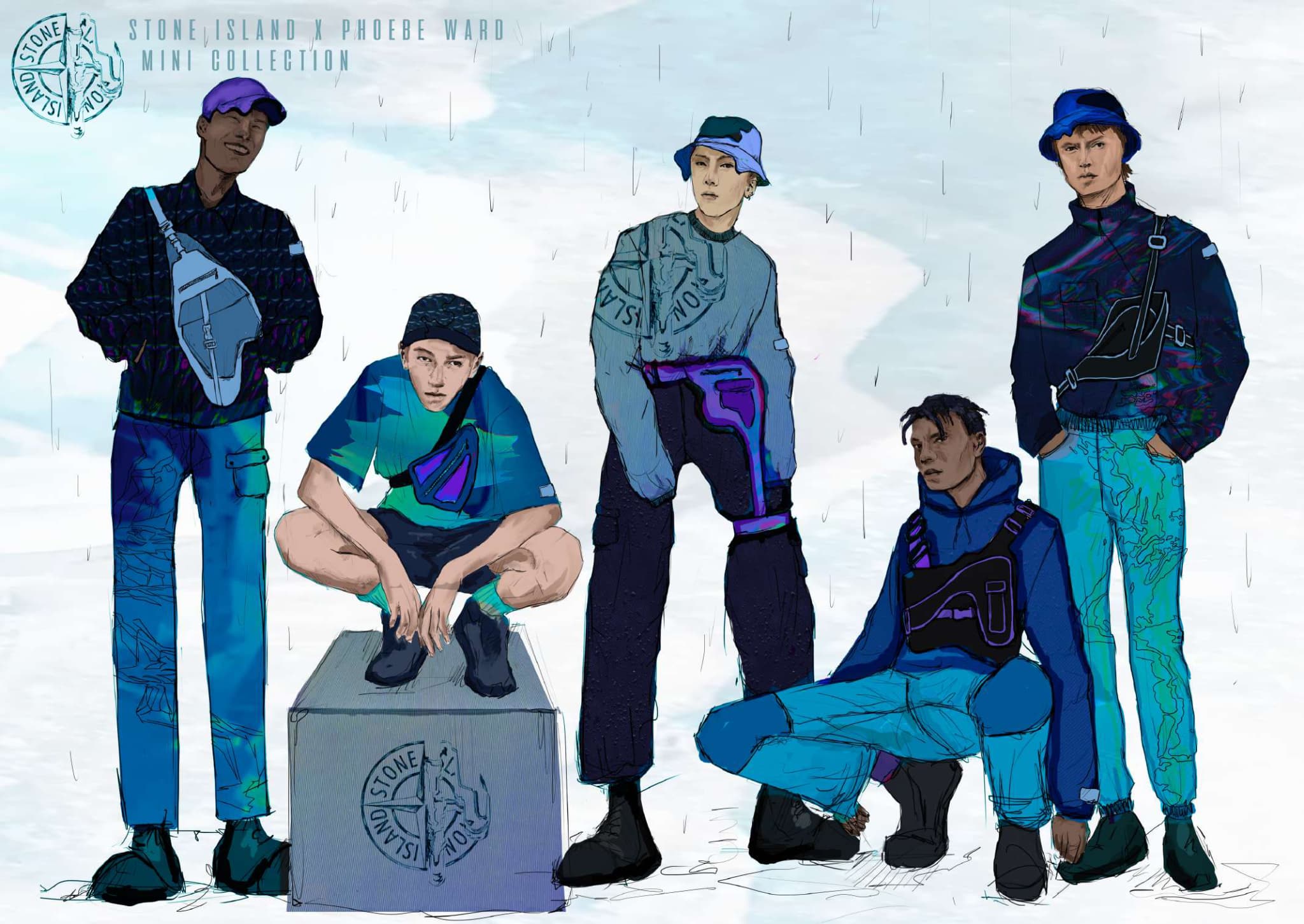 Illustration of five male models showcasing the Stone Island x Phoebe Ward mini collection, dressed in casual streetwear including jumpers, shorts, and accessories like hats and crossbody bags.