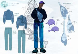 Certainly, here is an illustration description using British English spellings:

Illustration of a man modelling an outfit consisting of a wool knit top, blue jeans, and a cap. Surrounding him are detailed drawings and notes on the individual clothing items and accessories.